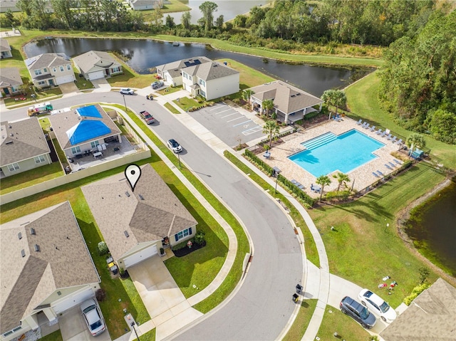 drone / aerial view featuring a water view