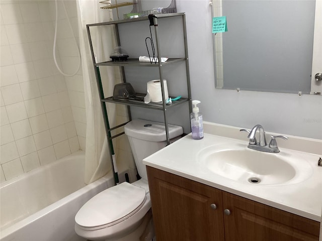 full bathroom with shower / bath combo, vanity, and toilet