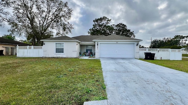 single story home with a garage and a front yard