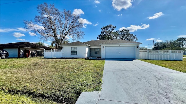 ranch-style house with stucco siding, concrete driveway, a front yard, fence, and a garage