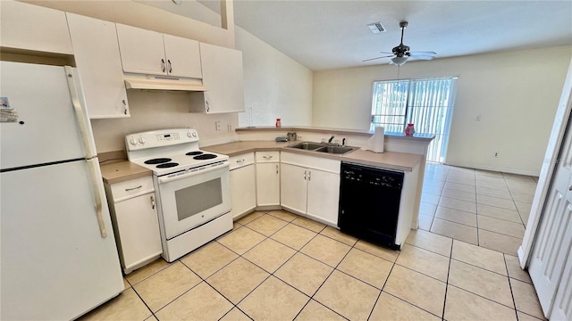 kitchen with under cabinet range hood, a peninsula, white appliances, a sink, and light countertops