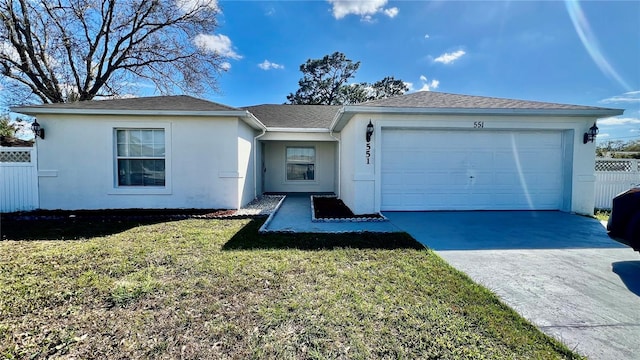 ranch-style home featuring driveway, an attached garage, fence, and stucco siding