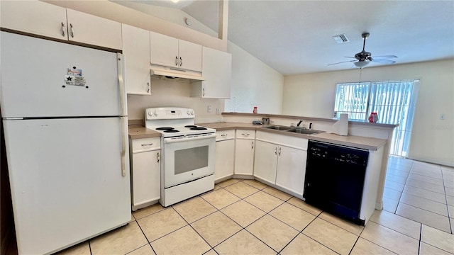 kitchen with white appliances, a sink, visible vents, white cabinets, and light countertops