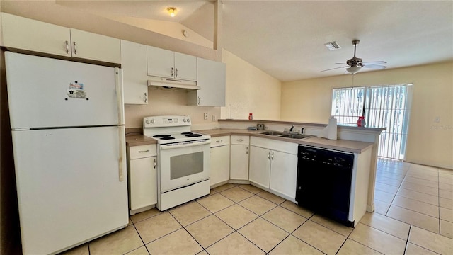 kitchen with under cabinet range hood, a peninsula, white appliances, visible vents, and white cabinets