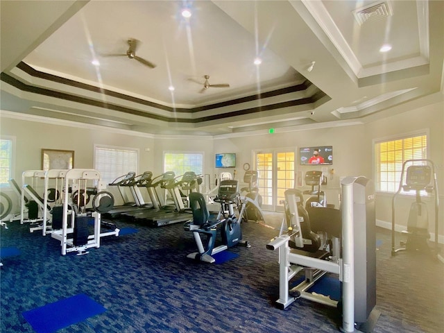 workout area with ceiling fan, a raised ceiling, and crown molding