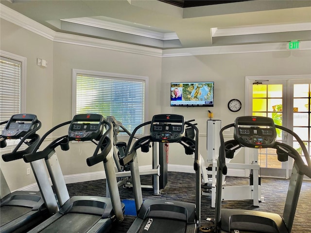 exercise room featuring ornamental molding