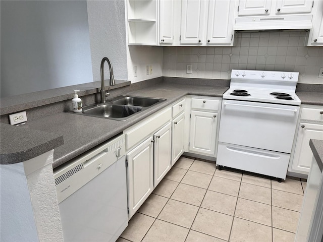 kitchen featuring white cabinetry, kitchen peninsula, white appliances, light tile patterned floors, and exhaust hood