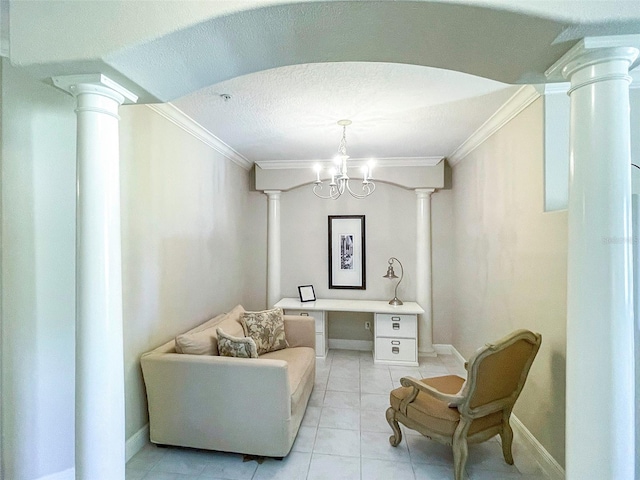 living area featuring light tile patterned floors, ornamental molding, a textured ceiling, and a notable chandelier