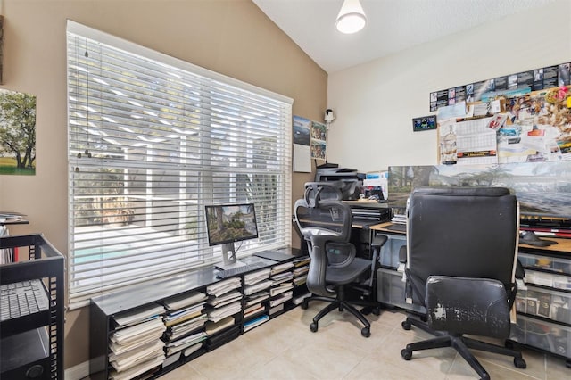 tiled office with lofted ceiling