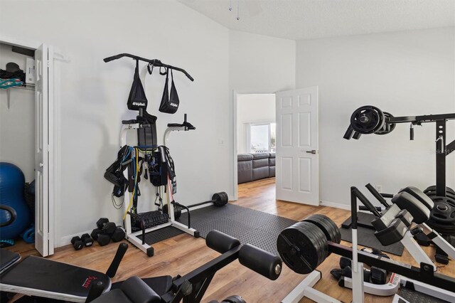 exercise area featuring vaulted ceiling and light wood-type flooring