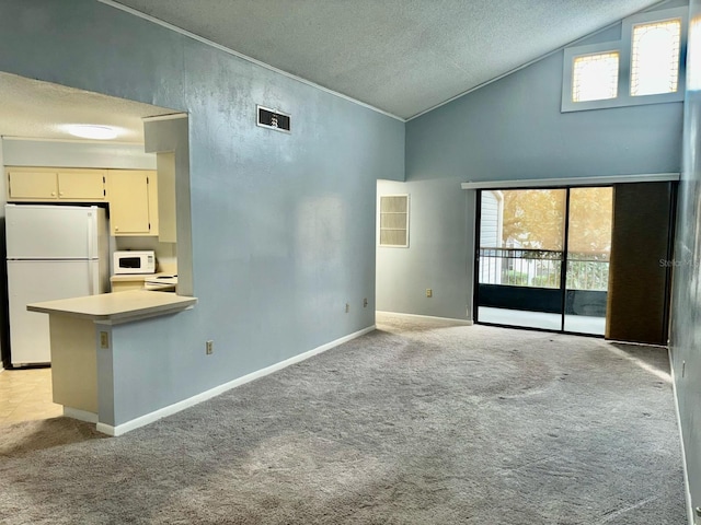 unfurnished living room with light carpet, high vaulted ceiling, and a textured ceiling