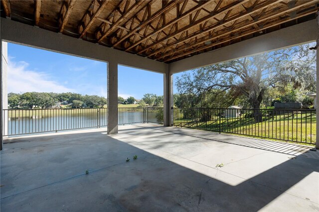 view of patio / terrace featuring a water view