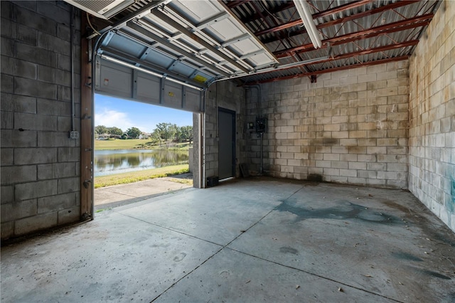 garage featuring a water view