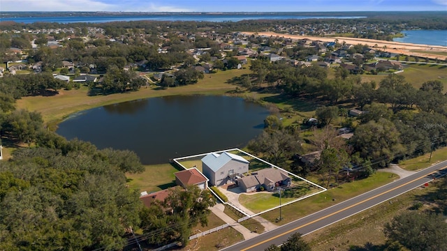 drone / aerial view featuring a water view