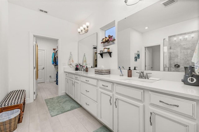 bathroom featuring vanity and an enclosed shower