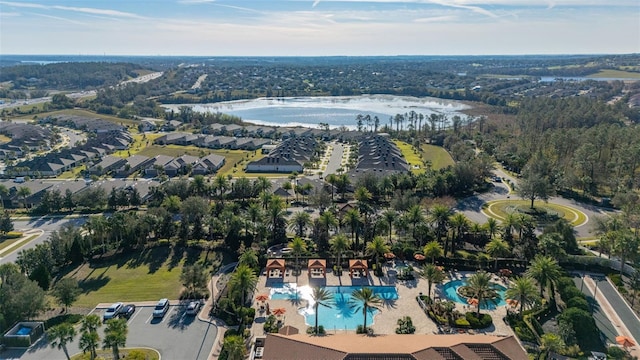 birds eye view of property featuring a water view