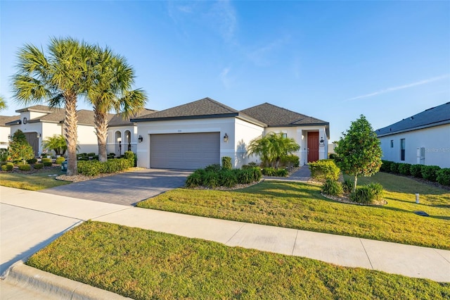 view of front facade featuring a garage and a front lawn