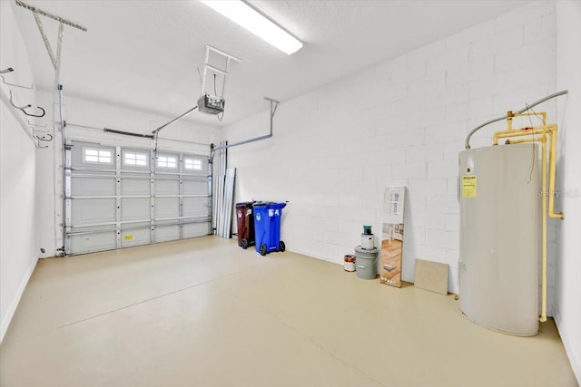 garage with a garage door opener and water heater