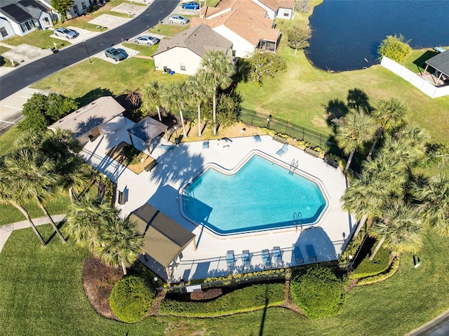 drone / aerial view featuring a water view