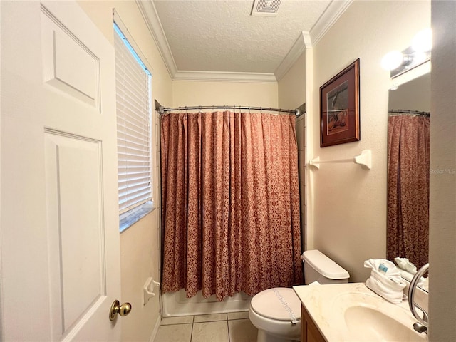 full bathroom with crown molding, a textured ceiling, vanity, shower / bath combo with shower curtain, and tile patterned flooring