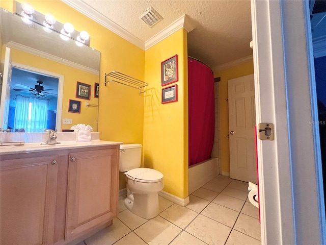 full bath featuring toilet, vanity, visible vents, ornamental molding, and tile patterned floors