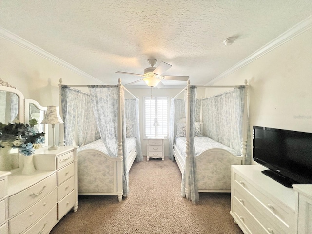 bedroom with a textured ceiling, dark colored carpet, ceiling fan, and crown molding