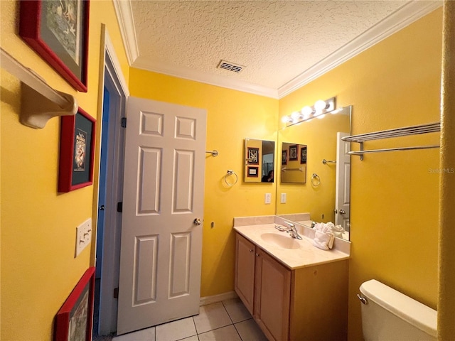 half bath featuring visible vents, toilet, tile patterned flooring, a textured ceiling, and crown molding