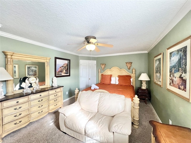 bedroom featuring crown molding, carpet floors, a textured ceiling, and ceiling fan