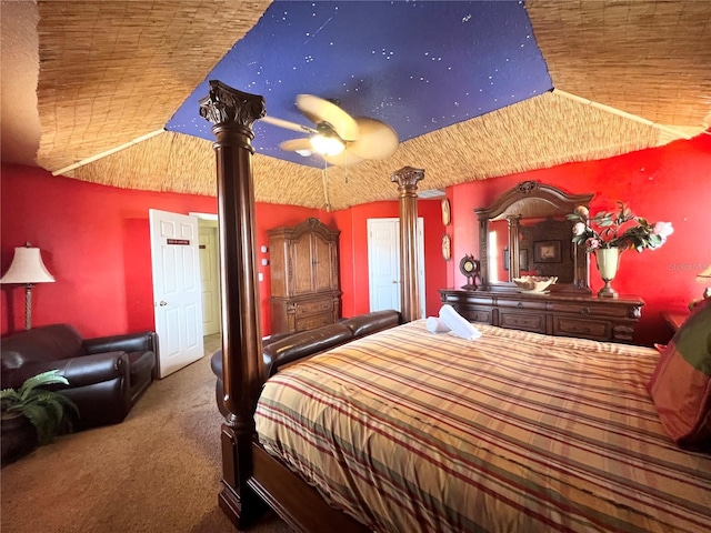 bedroom with lofted ceiling, carpet flooring, wood ceiling, and ceiling fan