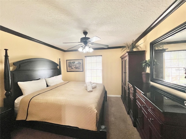 carpeted bedroom featuring crown molding, a textured ceiling, and ceiling fan