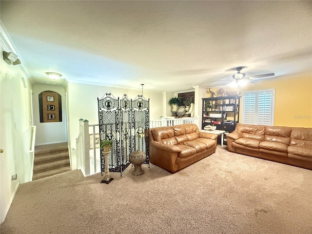 8557 La Isla Dr, Kissimmee, FL 34747 - carpeted living area with arched walkways, ornamental molding, ceiling fan, and a textured ceiling