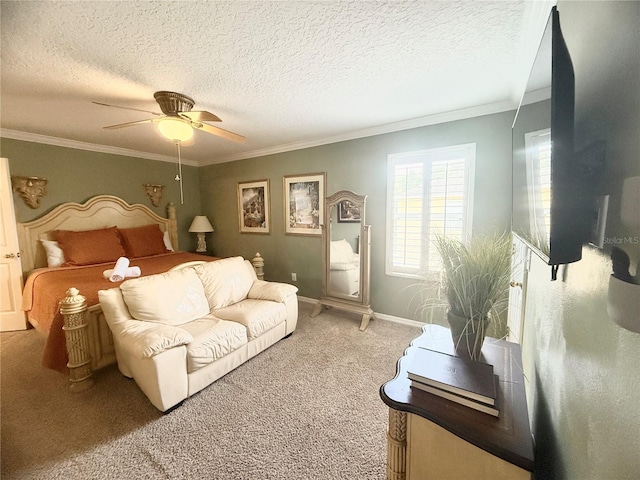 8557 La Isla Dr, Kissimmee, FL 34747 - carpeted bedroom with ornamental molding, a textured ceiling, baseboards, and ceiling fan