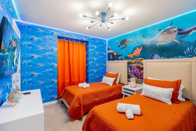 carpeted bedroom featuring a notable chandelier