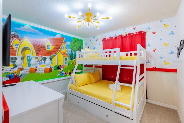 carpeted bedroom featuring a notable chandelier