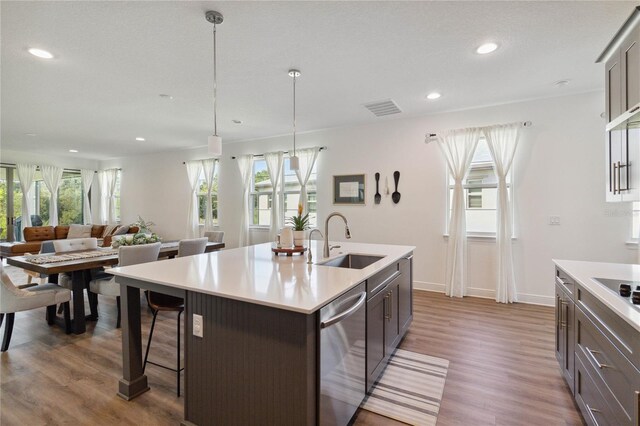 kitchen featuring dishwasher, a kitchen island with sink, dark wood-type flooring, hanging light fixtures, and sink