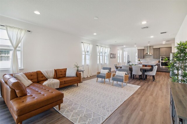 living room with light wood-type flooring and sink