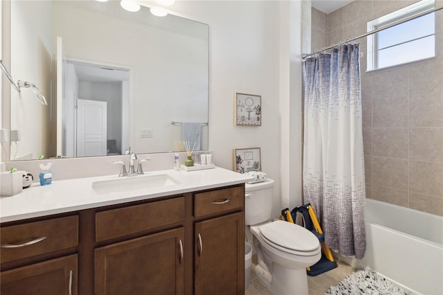 full bathroom with tile patterned floors, vanity, shower / bath combination with curtain, and toilet