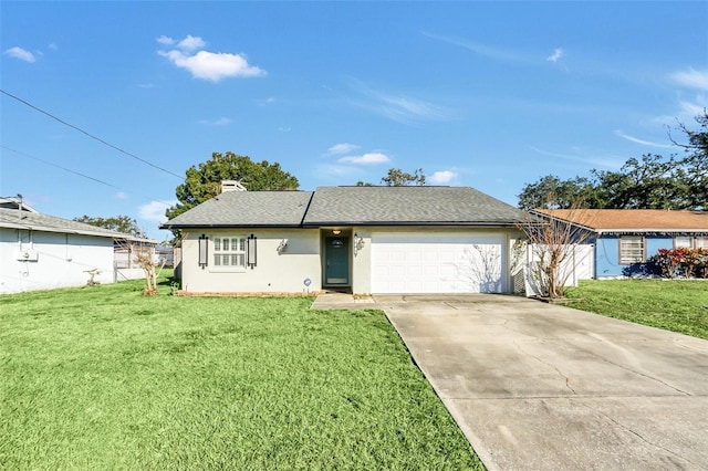 ranch-style house featuring a front yard and a garage