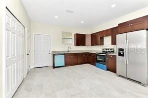 kitchen featuring stainless steel electric range oven, dishwasher, refrigerator with ice dispenser, and dark brown cabinets