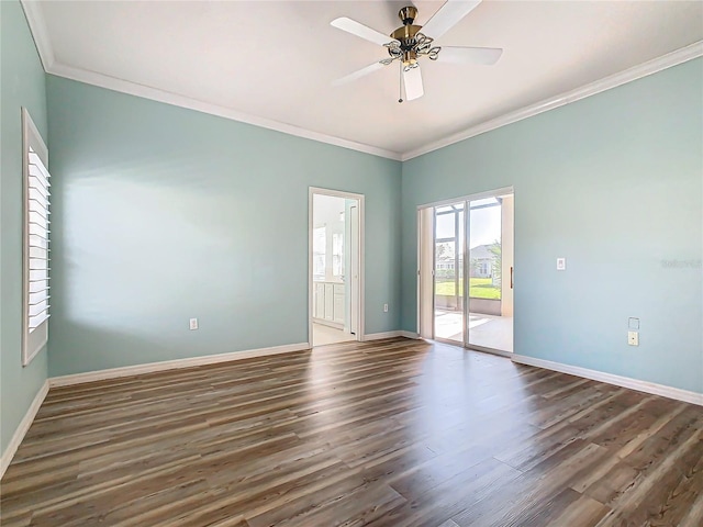 unfurnished room featuring dark wood-type flooring, ceiling fan, and ornamental molding