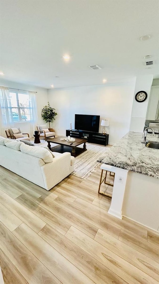 living room featuring light wood-type flooring and sink