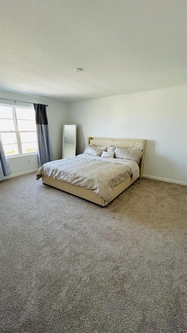 bedroom with carpet and a textured ceiling