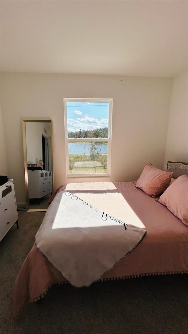 bedroom with dark colored carpet