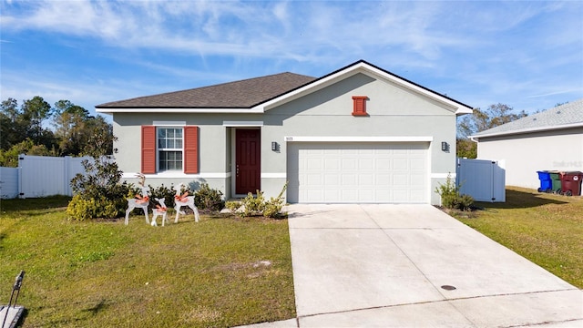 ranch-style house featuring a garage and a front yard