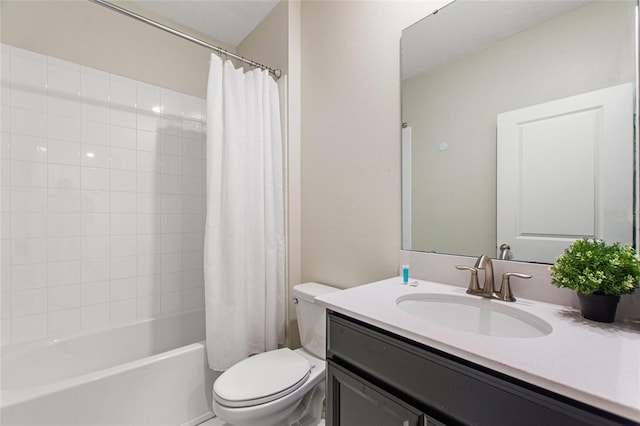 full bathroom featuring vanity, toilet, and shower / bathtub combination with curtain