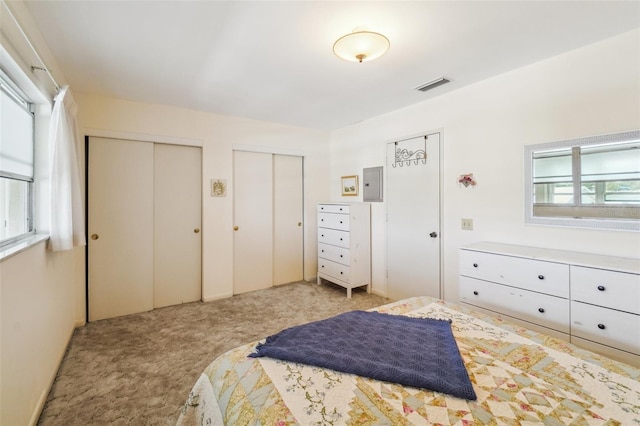 carpeted bedroom featuring two closets