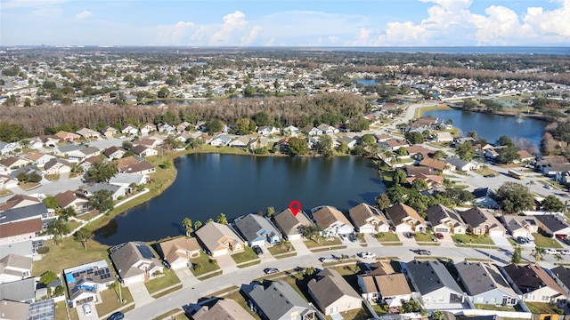 bird's eye view with a water view