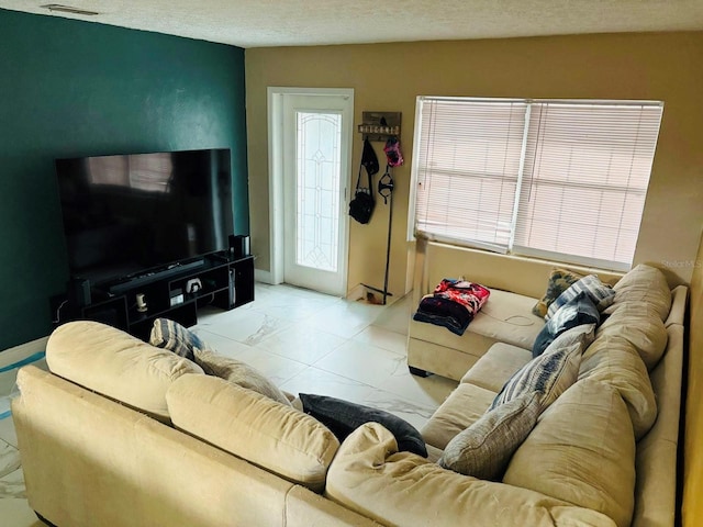 living room featuring a textured ceiling