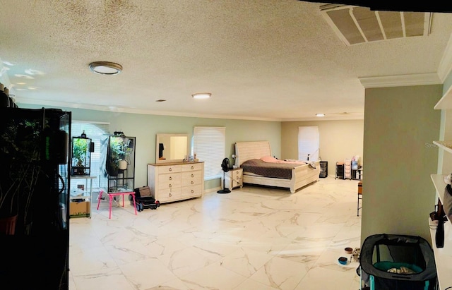 bedroom featuring a textured ceiling and ornamental molding