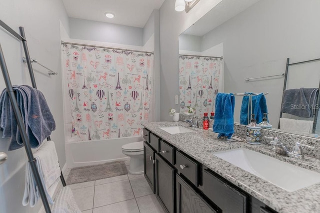 full bathroom with toilet, vanity, shower / bath combo, and tile patterned flooring